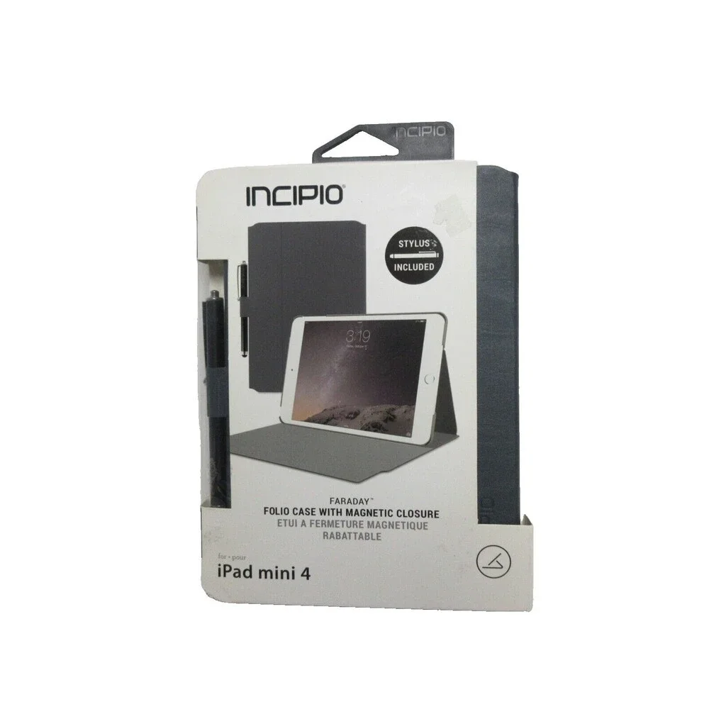 Incipio Faraday Navy Leather Case i pad mini 4 Gray Magnetic Closure W/Stylus